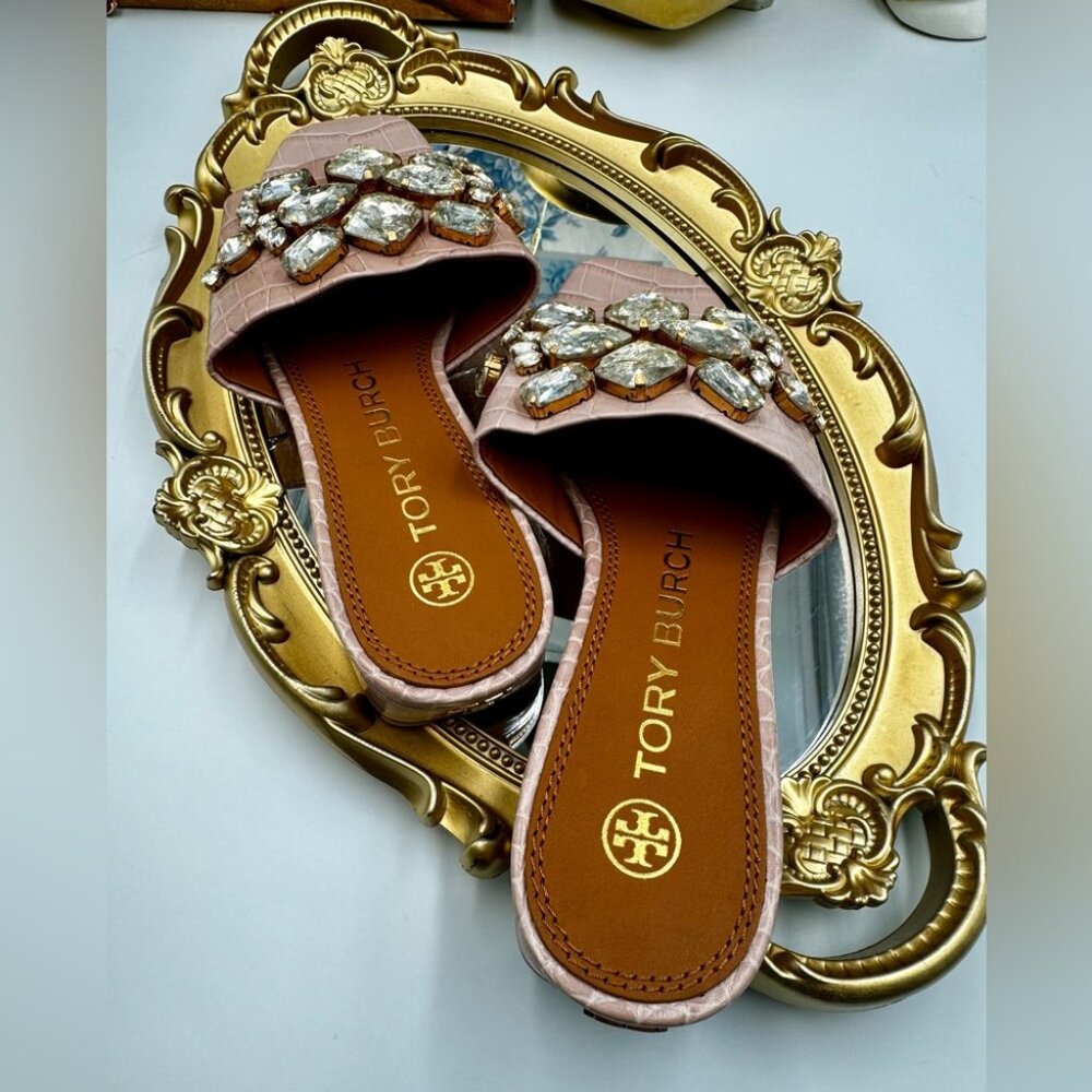 🆕 TORY BURCH 🧿 NWOT Martine 25mm Slides, Pink Croc Embossed Crystal Embellish - Picture 4 of 15